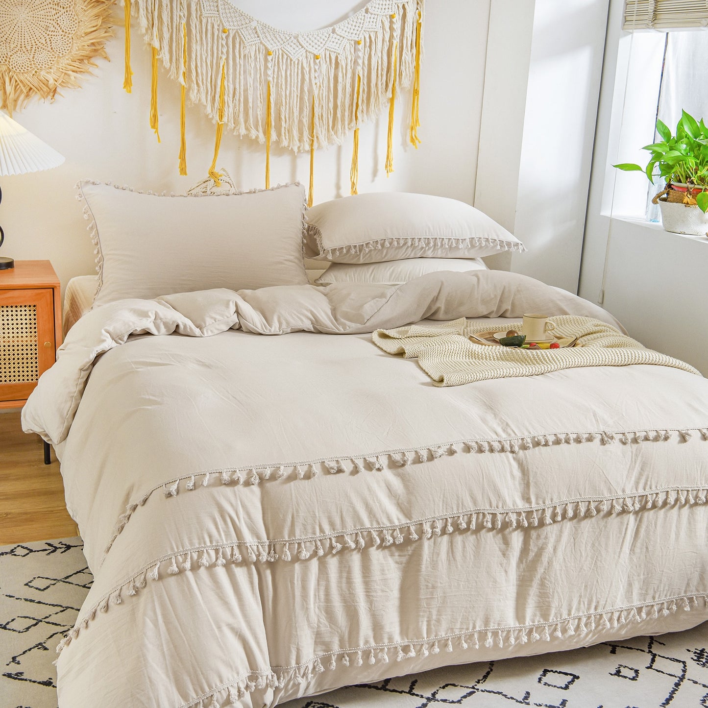 Beige Tassel Bedding Set Ivory Beige