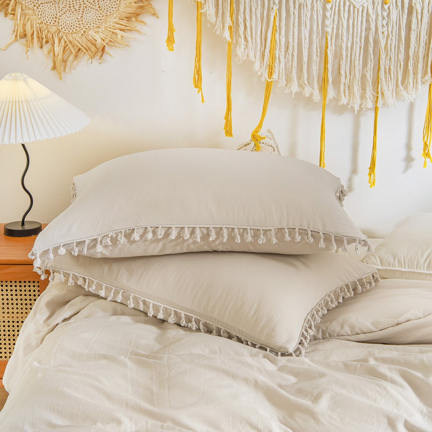 Beige Tassel Bedding Set Ivory Beige