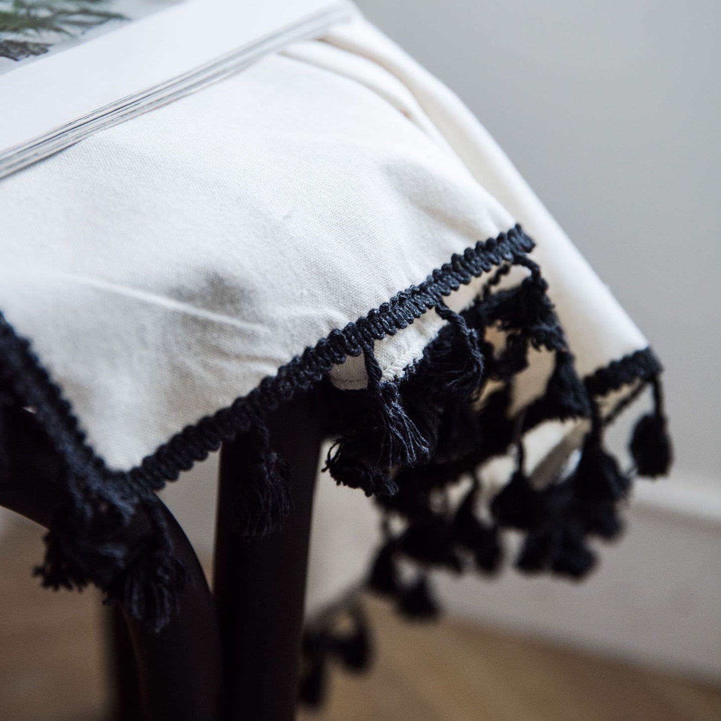 Modern Cotton linen Solid White curtains with Black tassel