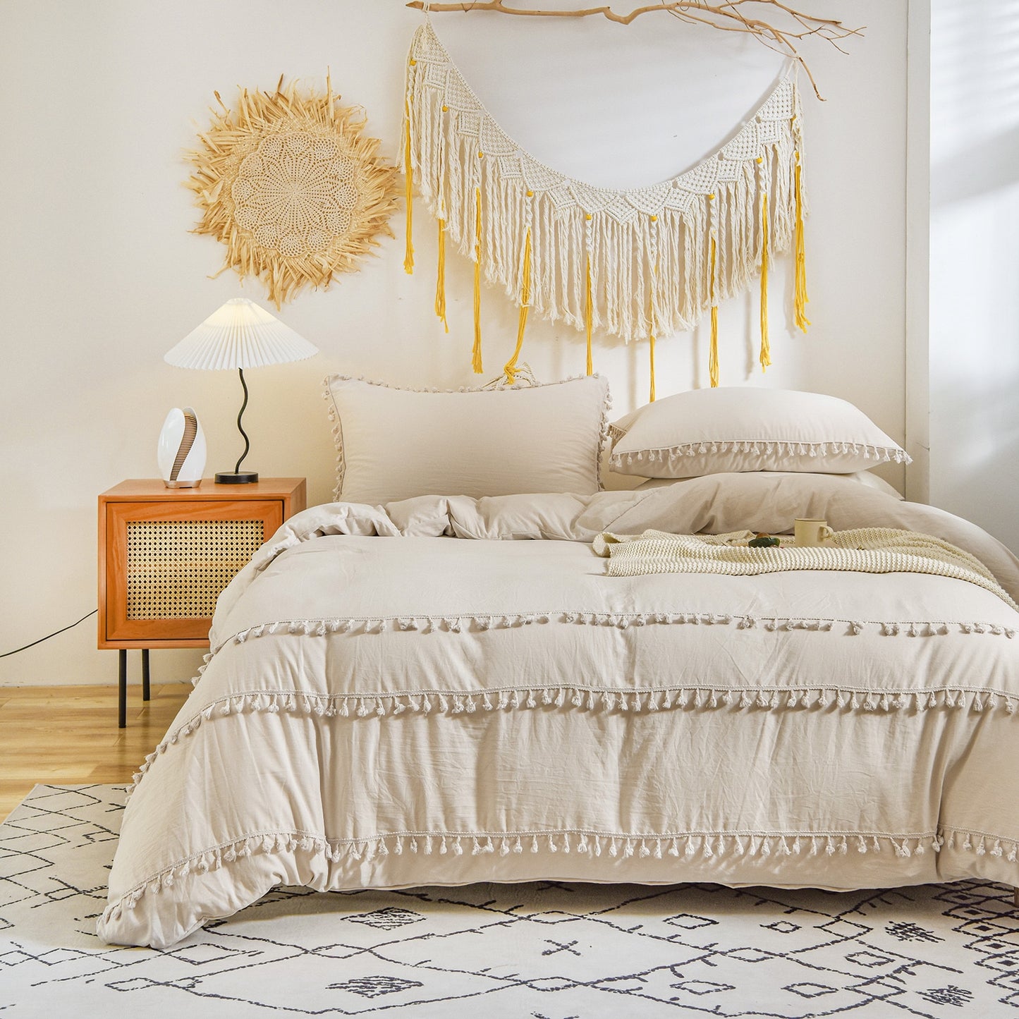 Beige Tassel Bedding Set Ivory Beige