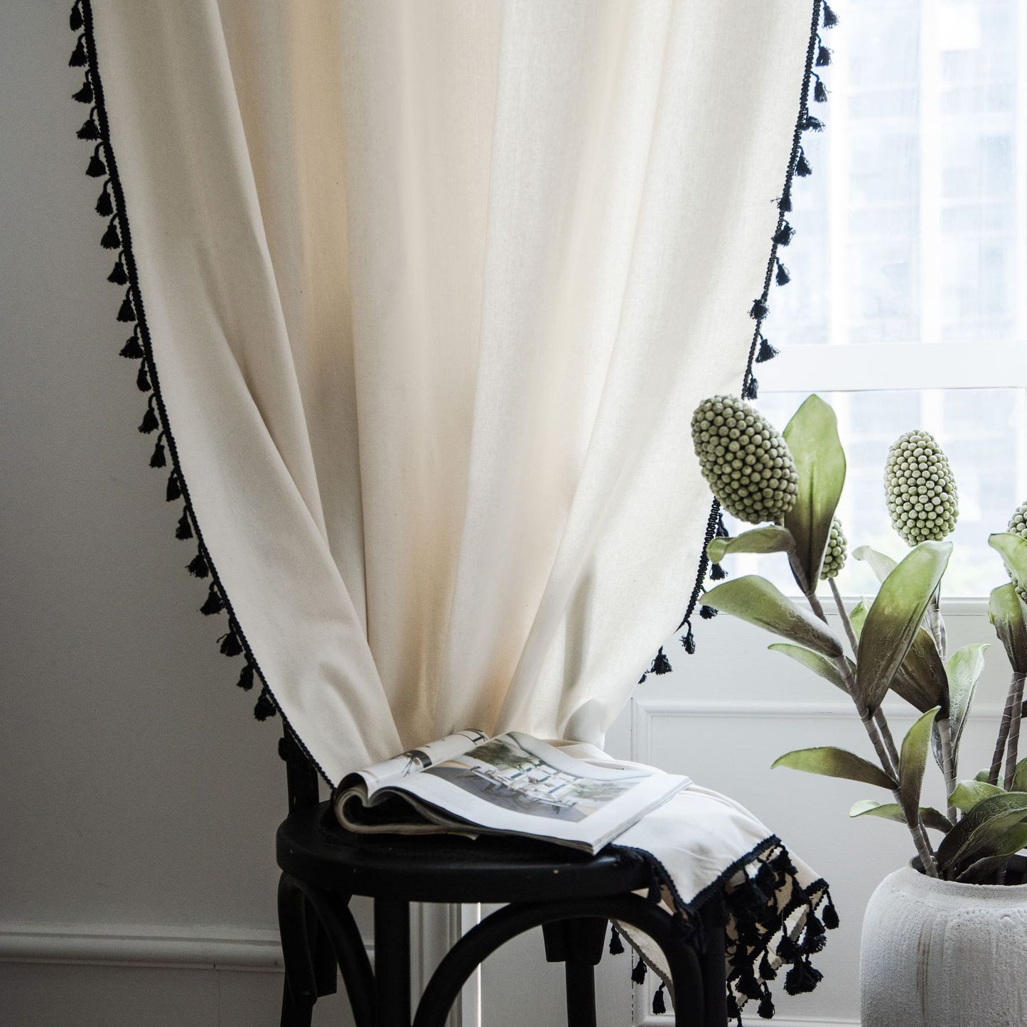 Modern Cotton linen Solid White curtains with Black tassel