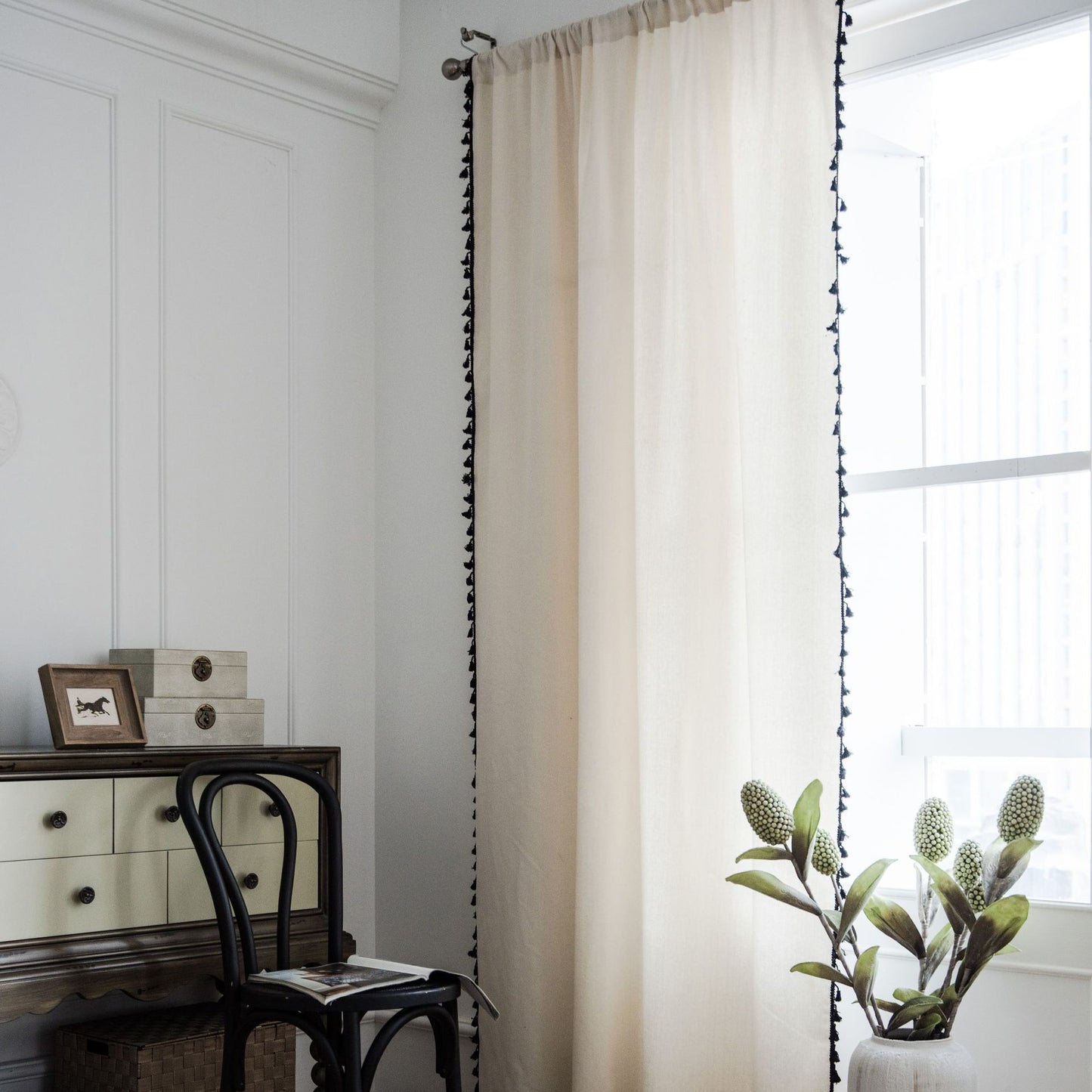 Modern Cotton linen  Solid White curtains with Black tassel