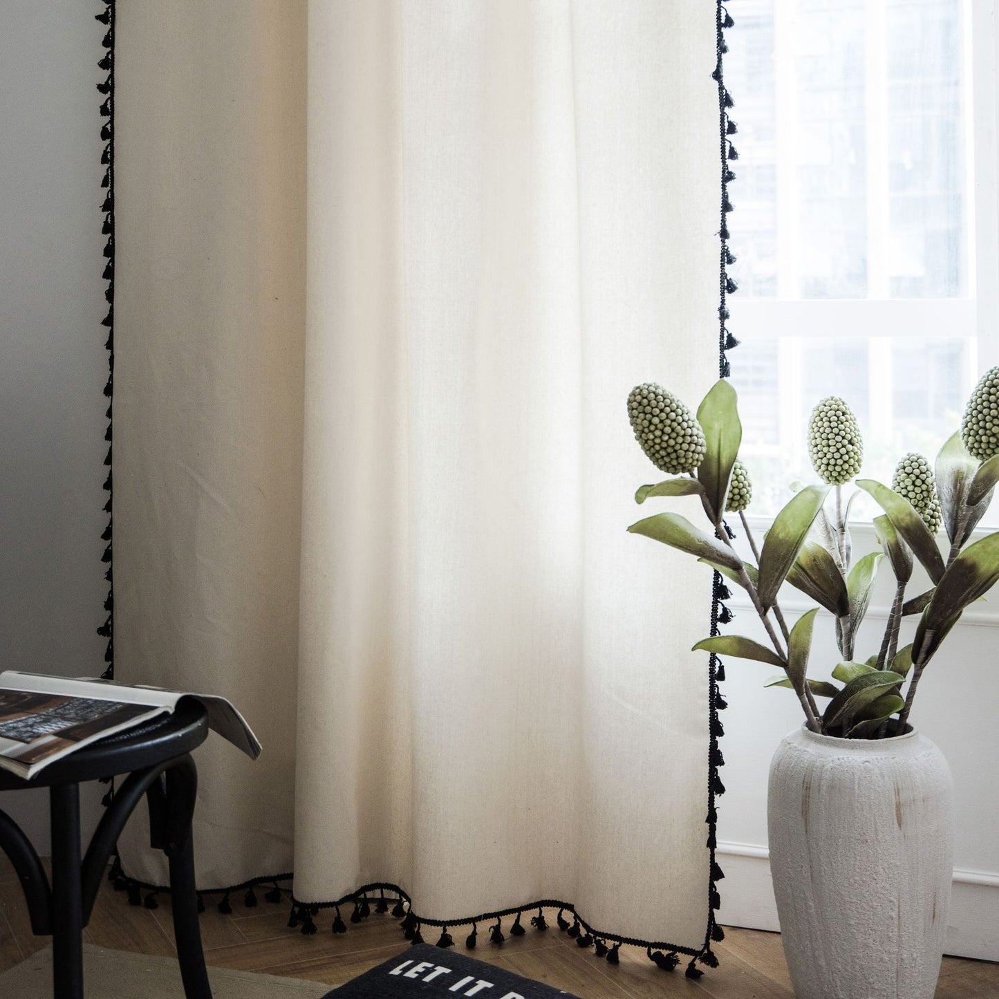 Modern Cotton linen  Solid White curtains with Black tassel