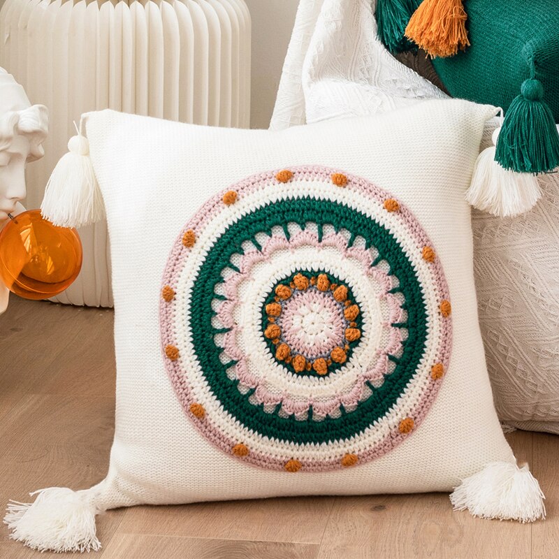 Floral Cuhion Cover 45x45cm Tassels Acrylic Knit Home decoration Pillow Case  For sofa Bed