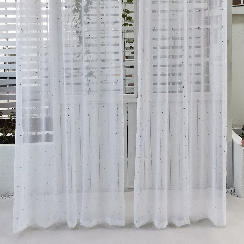 White Shiny Sliver Stars Tulle Curtains For Kids Room