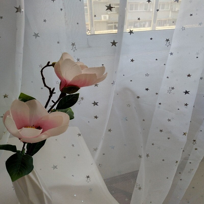 White Shiny Sliver Stars Tulle Curtains For Kids Room