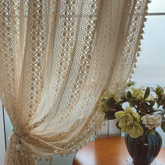 Boho Chic Beige Crochet Knitting Sheer Curtains