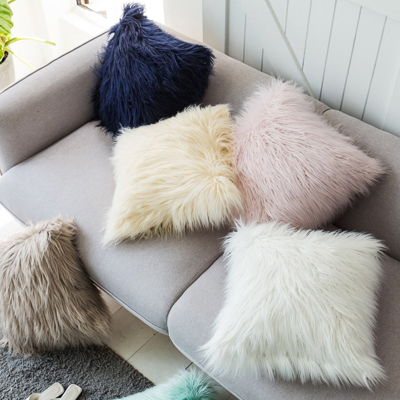 Luxury Faux Fur Throw Pillow Case Cushion Cover White Navy Ivory for Sofa